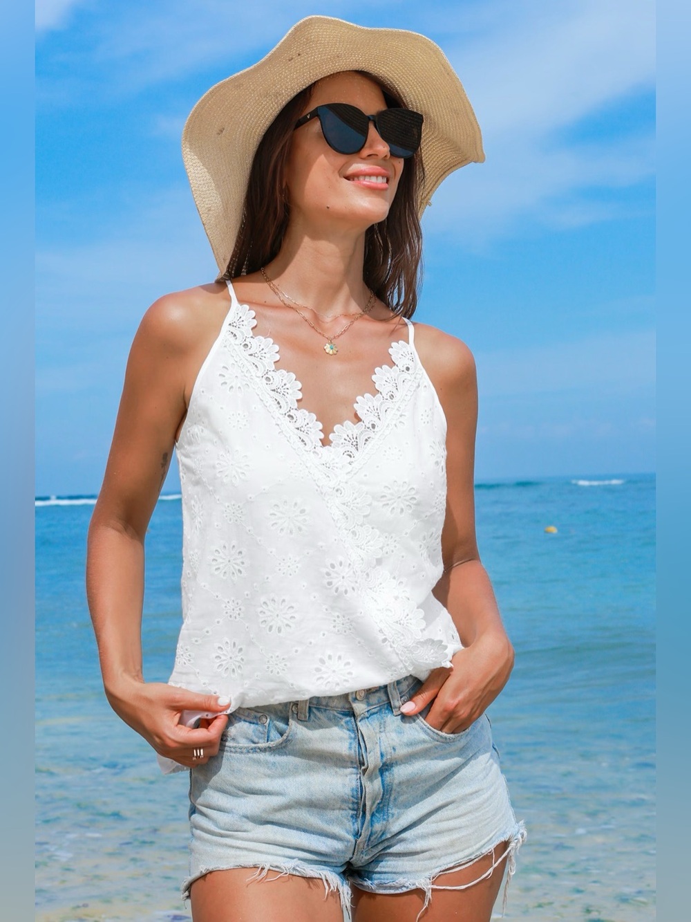 NWT Cupshe White Eyelet Lace Trim Camisole beach top XL - Picture 6 of 11